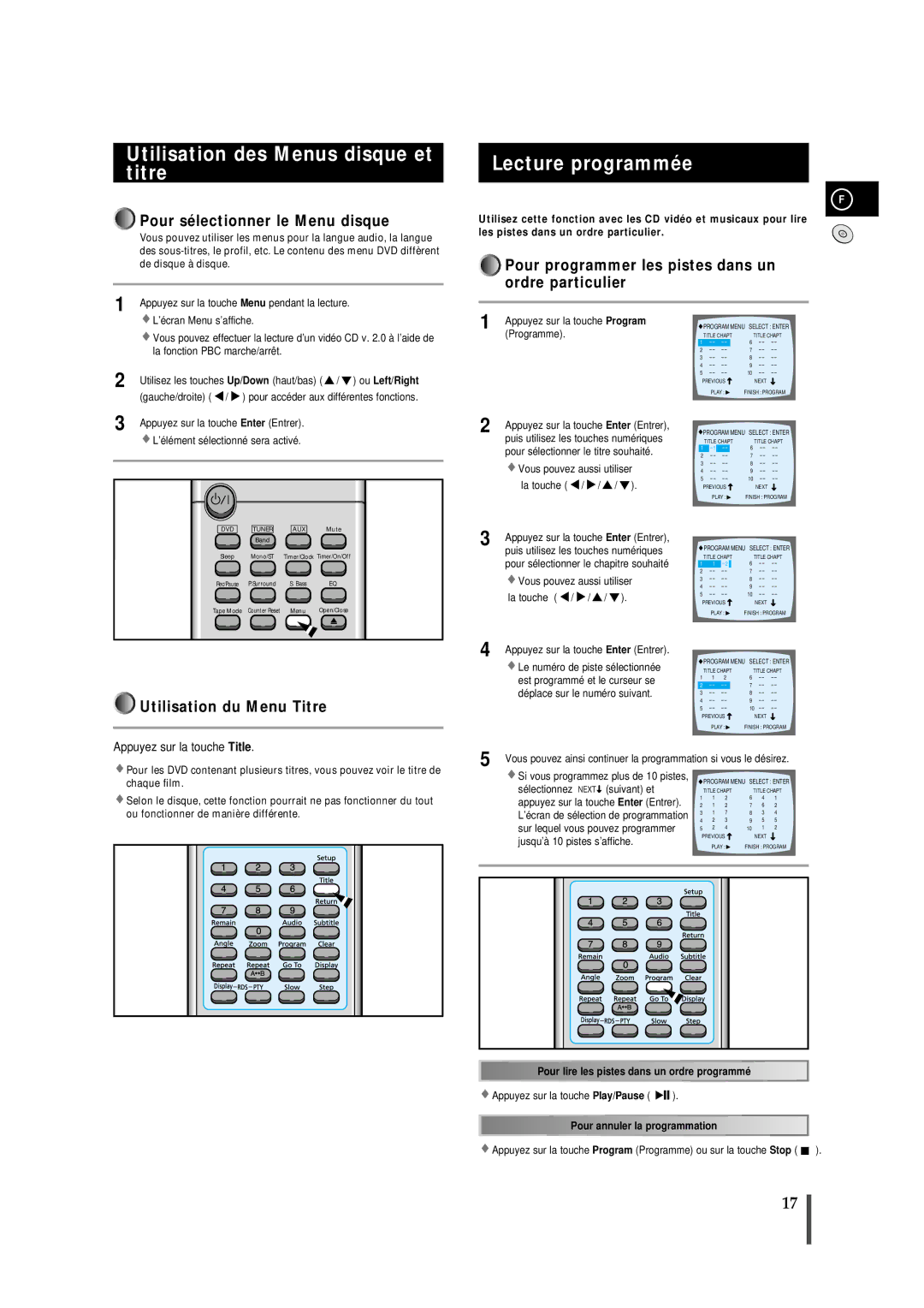 Samsung MMDB9RH/ELS manual Utilisation des Menus disque et titre, Lecture programmée, Pour sélectionner le Menu disque 