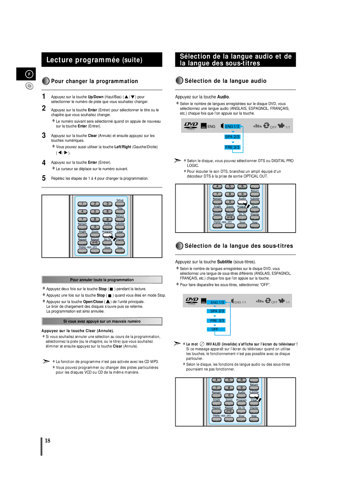 Samsung MMDB9RH/ELS manual Lecture programmée suite, Pour changer la programmation, Sélection de la langue audio 