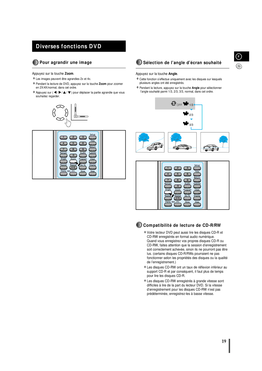 Samsung MMDB9RH/ELS manual Diverses fonctions DVD, Pour agrandir une image, Sélection de l’angle d’écran souhaité 