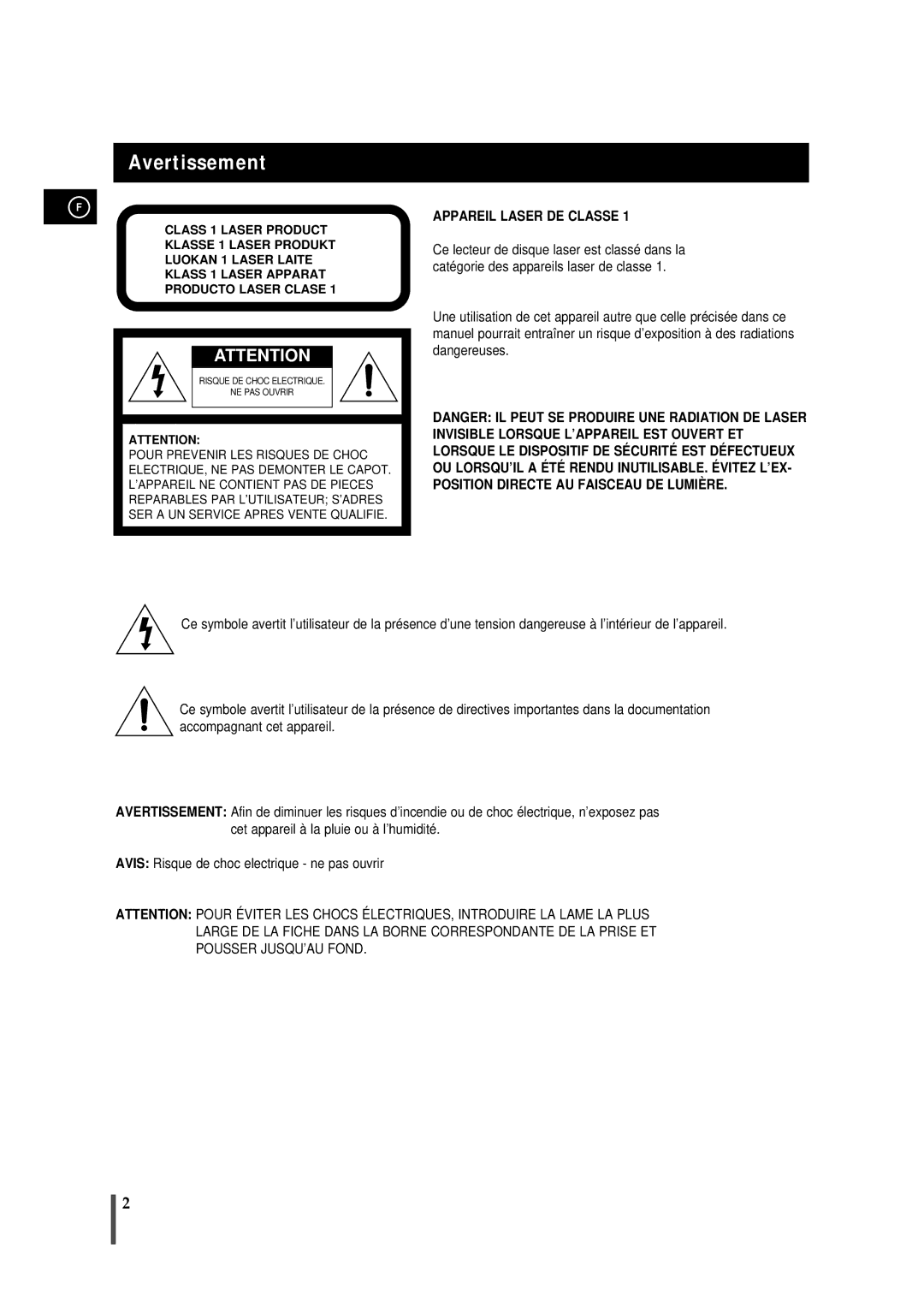 Samsung MMDB9RH/ELS manual Avertissement, Appareil Laser DE Classe 