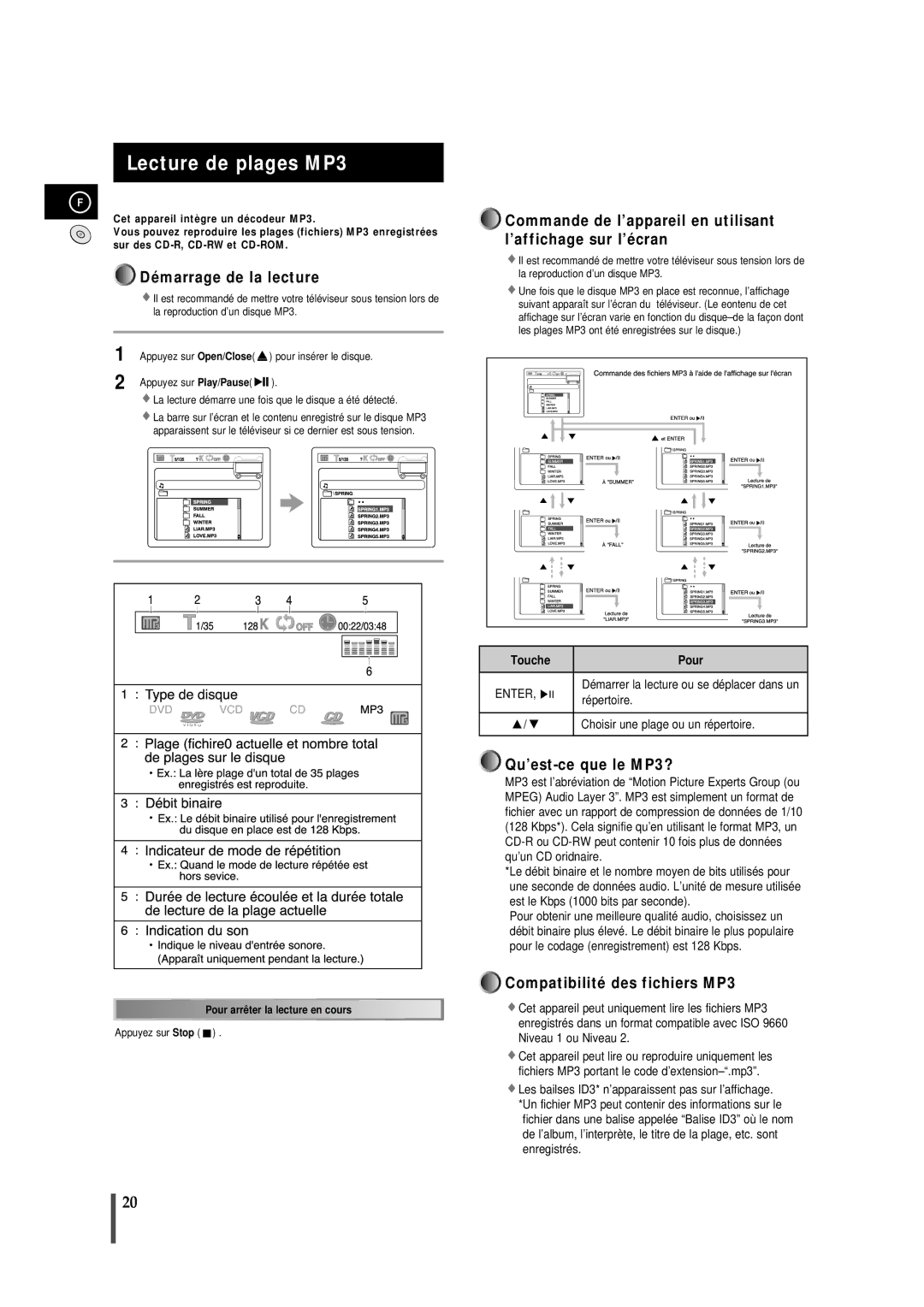 Samsung MMDB9RH/ELS manual Lecture de plages MP3 suite 