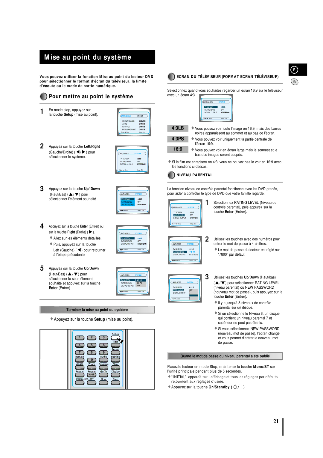 Samsung MMDB9RH/ELS manual Mise au point du système suite, Pour mettre au point le système 