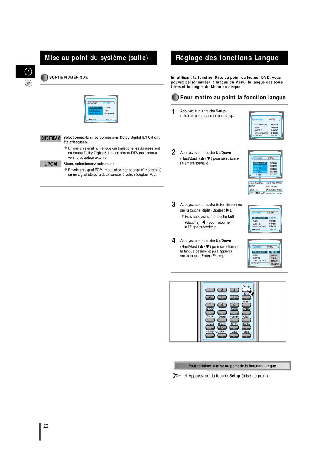 Samsung MMDB9RH/ELS manual Réglage des fonctions Langue, Pour mettre au point la fonction langue 