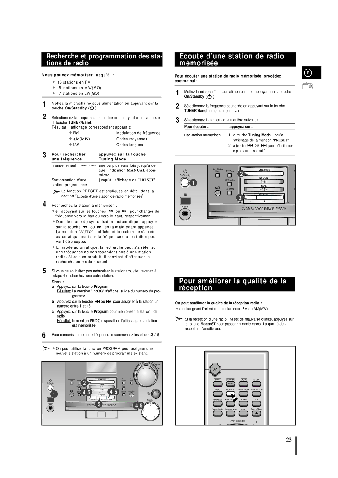 Samsung MMDB9RH/ELS manual Écoute d’une station de radio mémorisée, Pour améliorer la qualité de la réception 