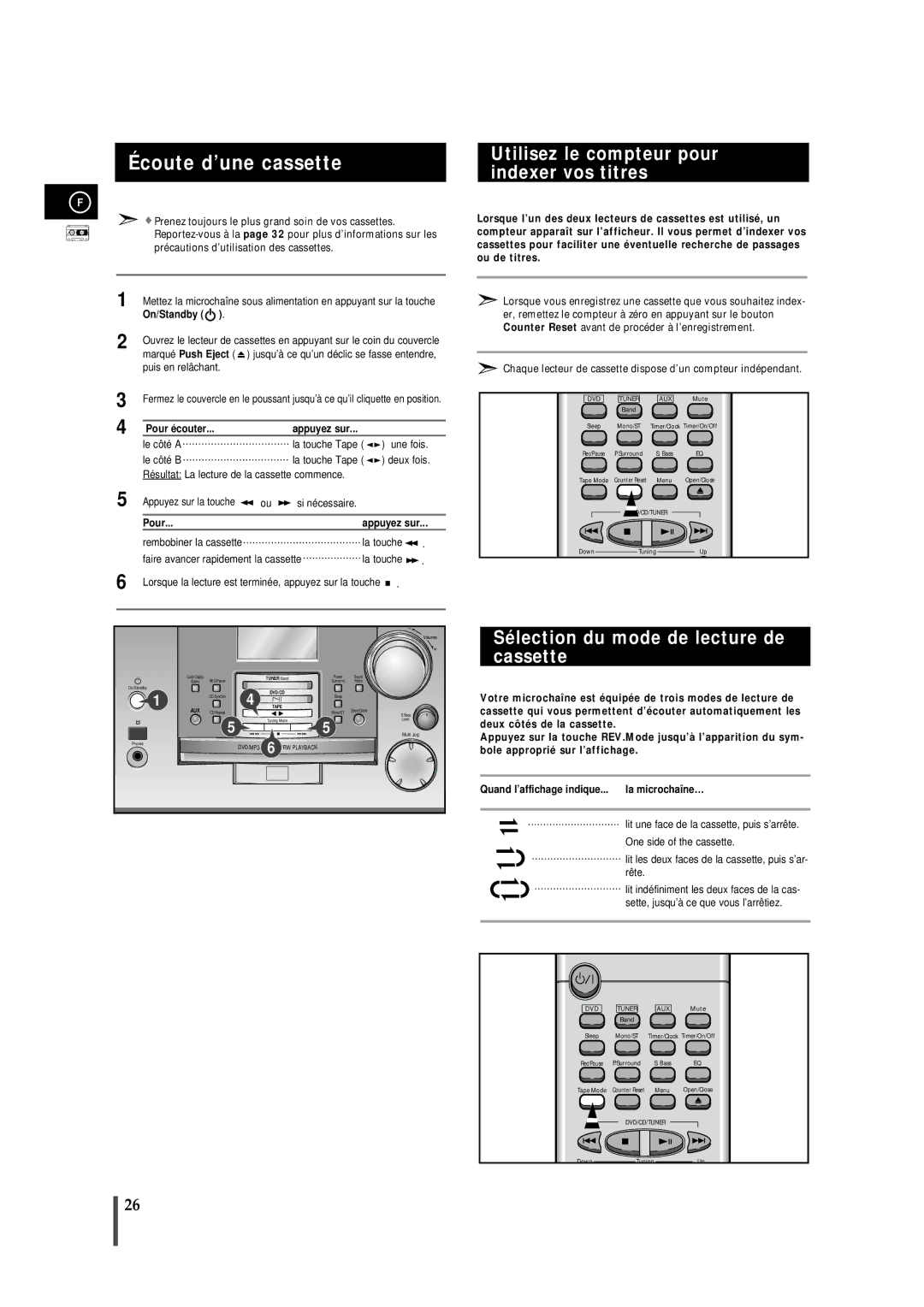 Samsung MMDB9RH/ELS manual Écoute d’une cassette, Utilisez le compteur pour indexer vos titres, Pour é couter Appuyez sur 