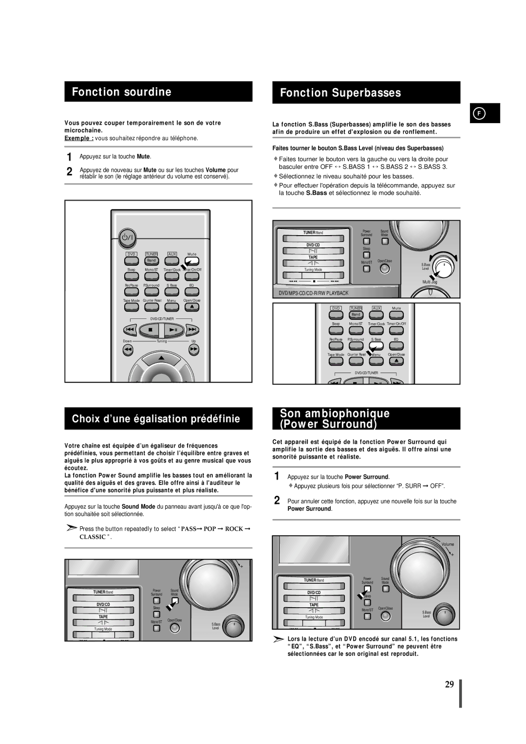 Samsung MMDB9RH/ELS manual Fonction sourdine, Fonction Superbasses, Son ambiophonique Power Surround 