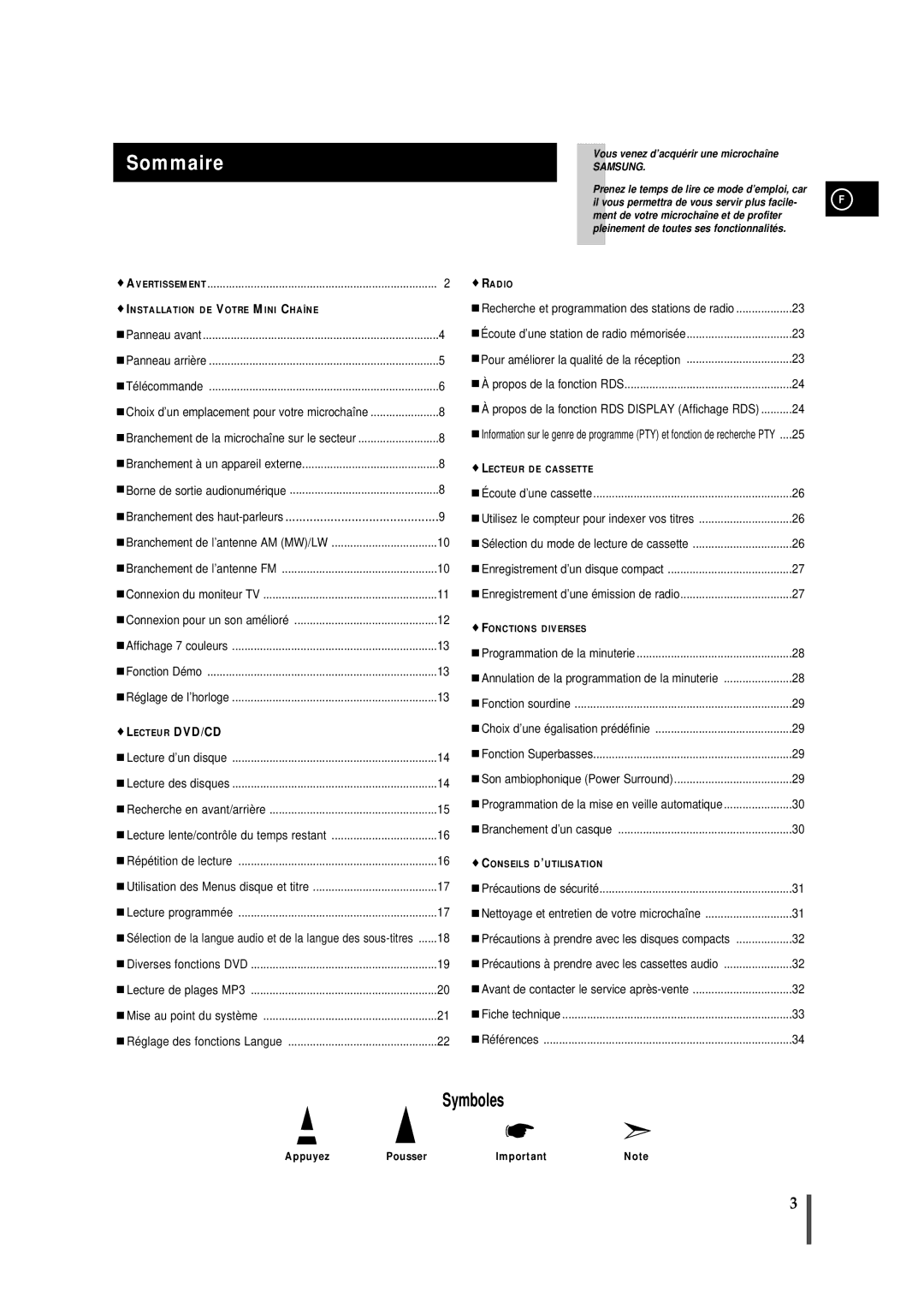 Samsung MMDB9RH/ELS manual Sommaire, Annulation de la programmation de la minuterie, Appuyez Pousser 