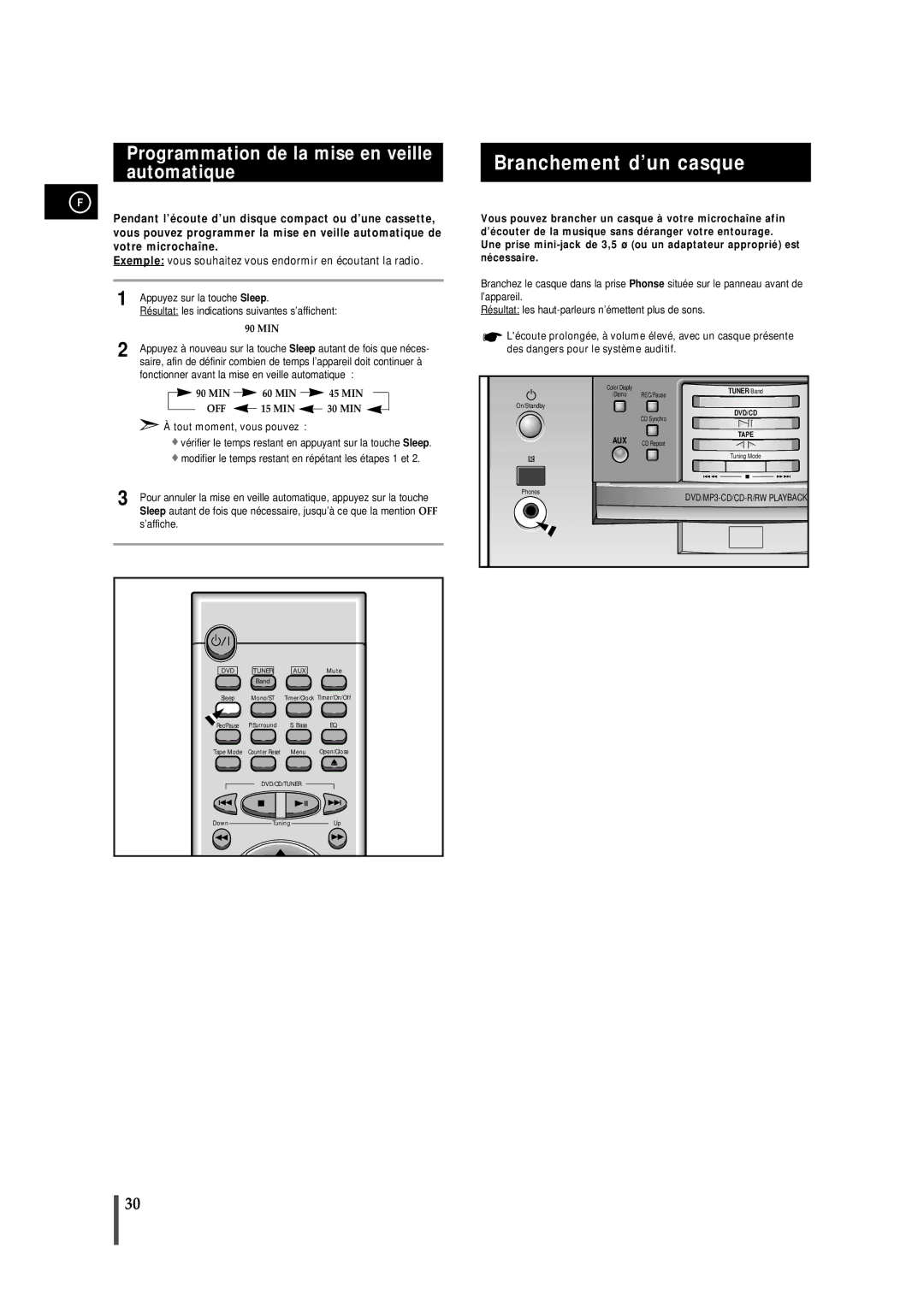 Samsung MMDB9RH/ELS manual Branchement d’un casque, Programmation de la mise en veille automatique 