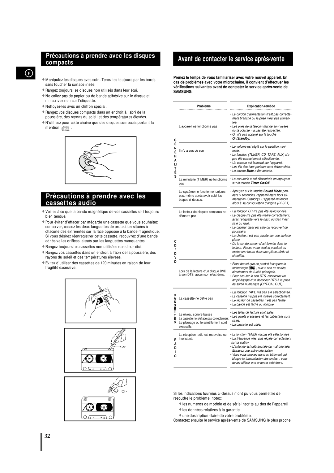 Samsung MMDB9RH/ELS manual Avant de contacter le service après-vente, Précautions à prendre avec les cassettes audio 