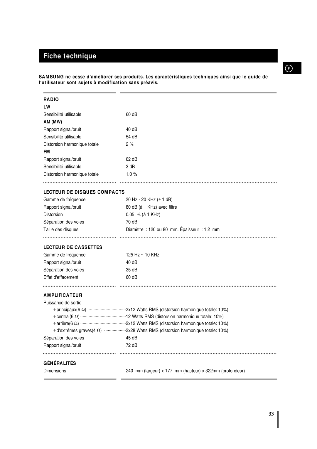 Samsung MMDB9RH/ELS manual Fiche technique, Distorsion harmonique totale, Dextrêmes graves4, Central6 Ω 