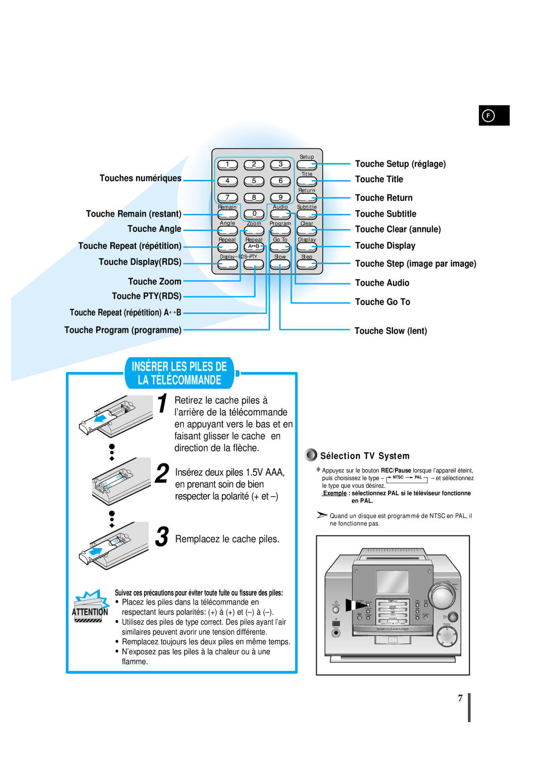 Samsung MMDB9RH/ELS manual Sélection TV System, Respectant leurs polarités + à + et à 