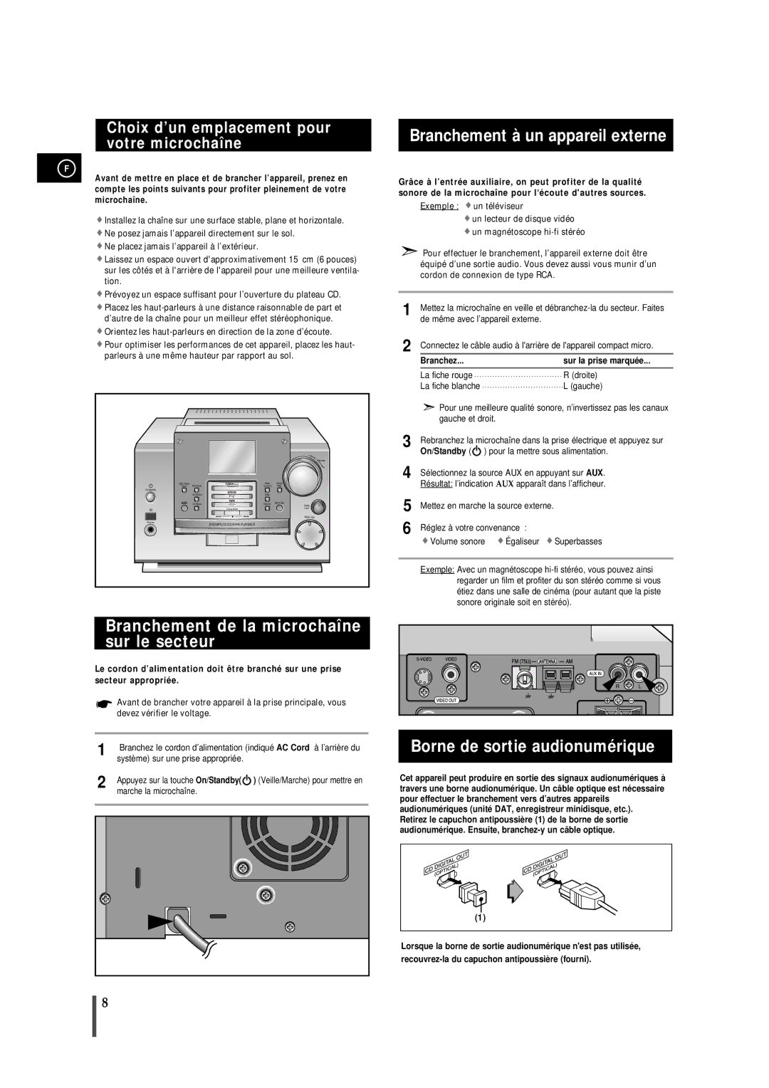 Samsung MMDB9RH/ELS manual Branchement de la microchaîne sur le secteur, Branchement à un appareil externe 