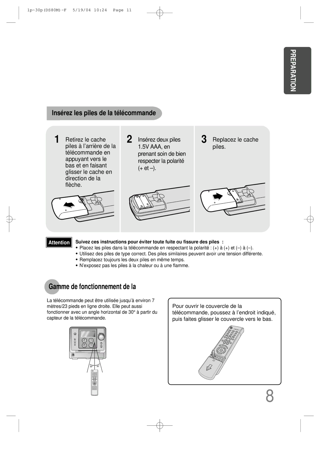 Samsung MMDS80MRH/ELS manual Gamme de fonctionnement de la, Insérez les piles de la télécommande 