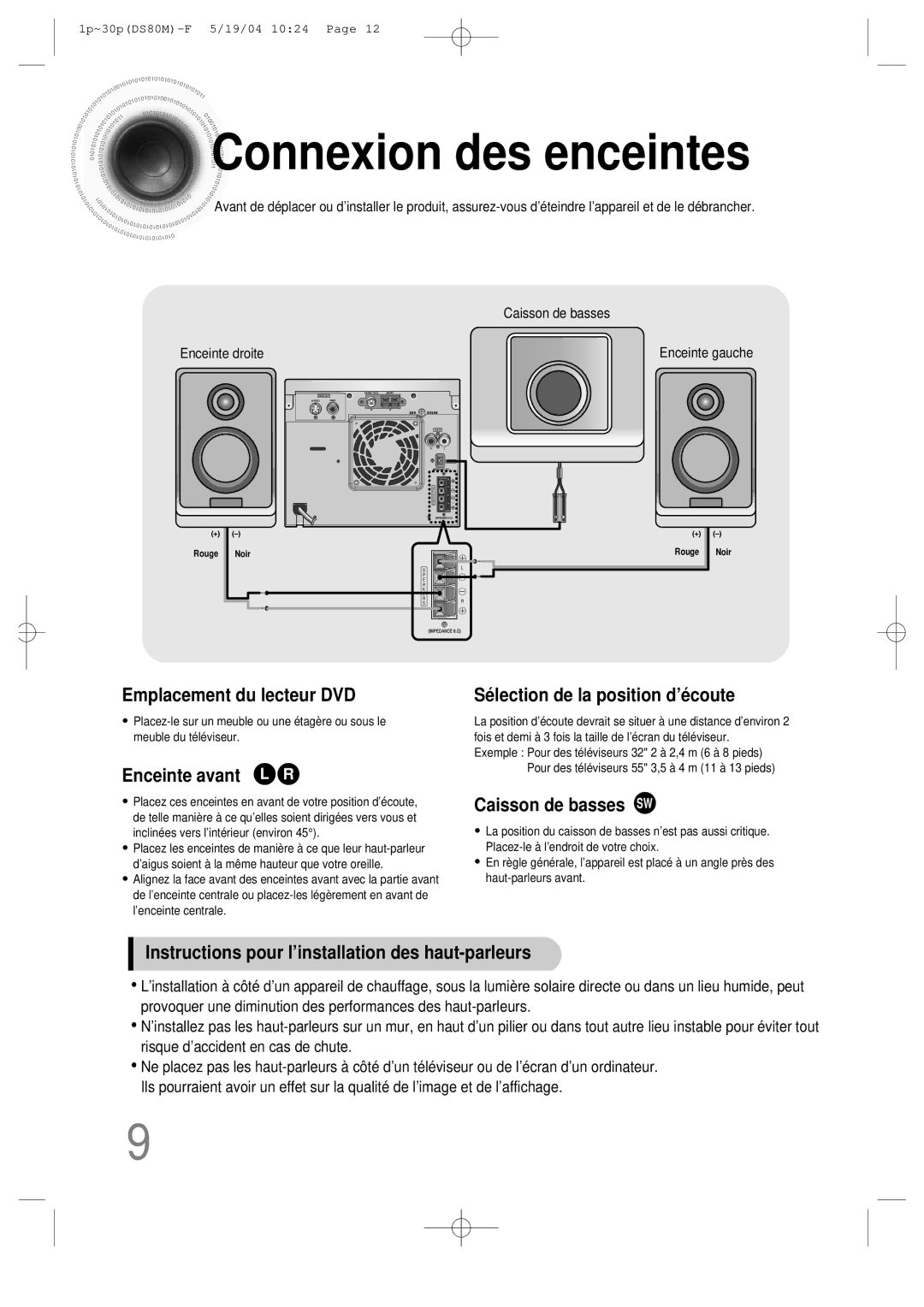 Samsung MMDS80MRH/ELS manual Connexion des enceintes 