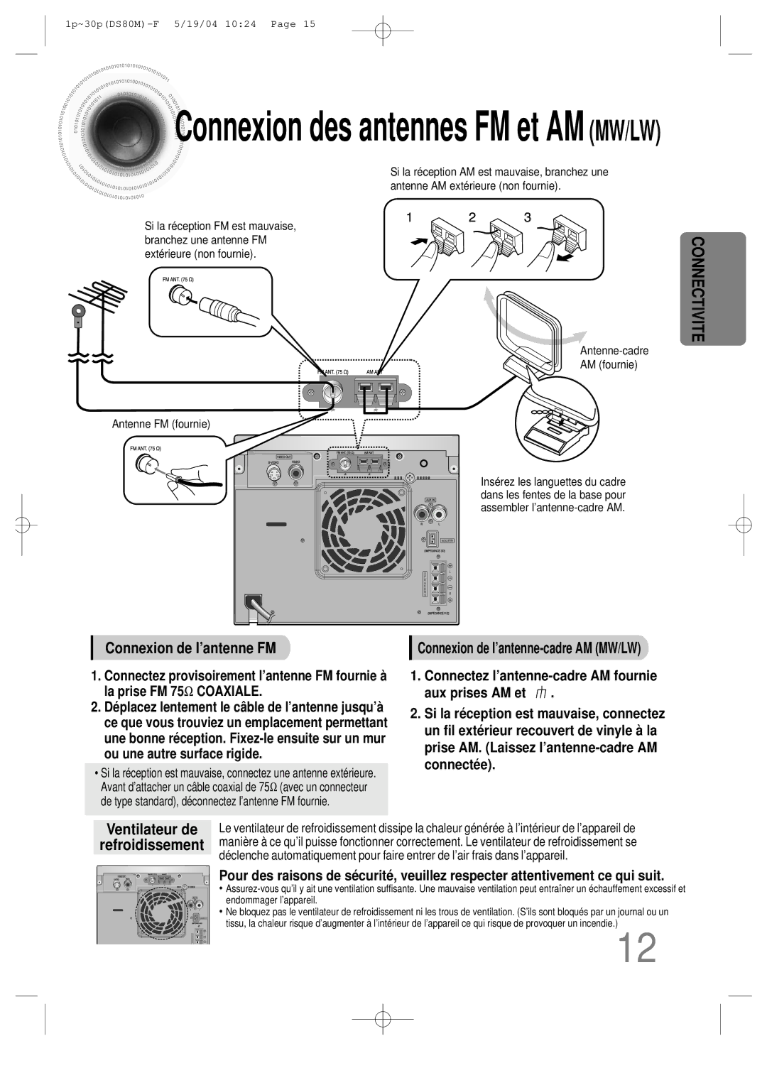 Samsung MMDS80MRH/ELS Connexion de l’antenne FM, Connexion de l’antenne-cadre AM MW/LW, Ventilateur de Refroidissement 