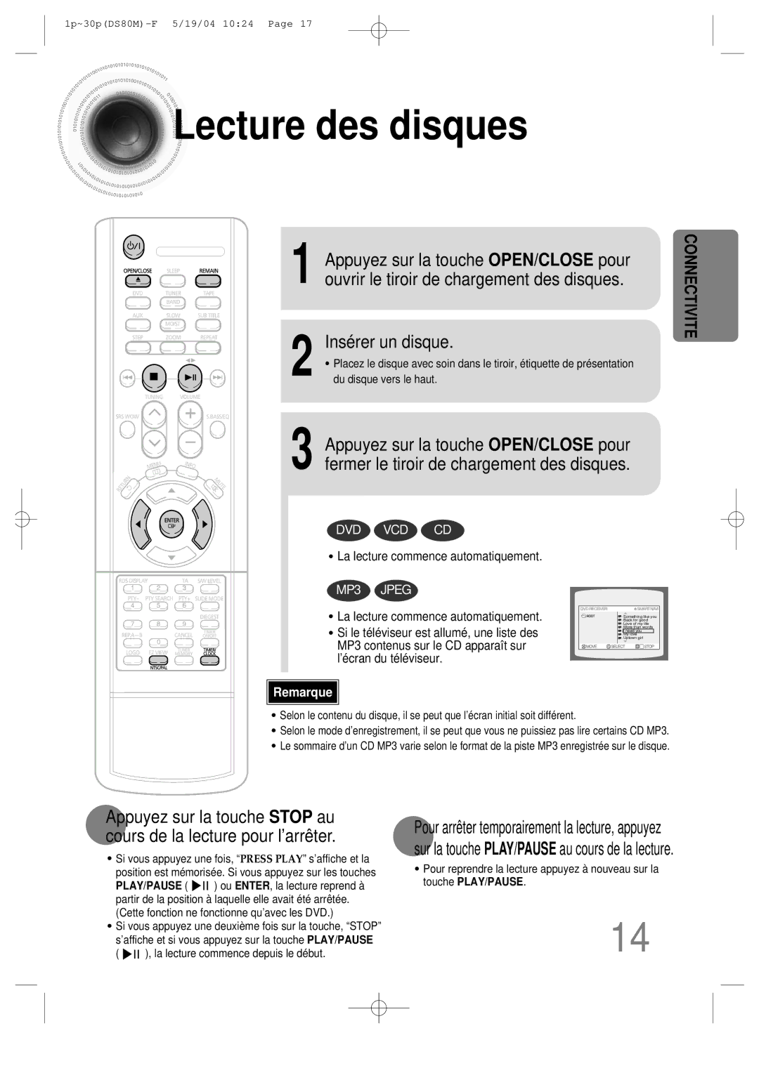 Samsung MMDS80MRH/ELS manual Lecture des disques, Insérer un disque 