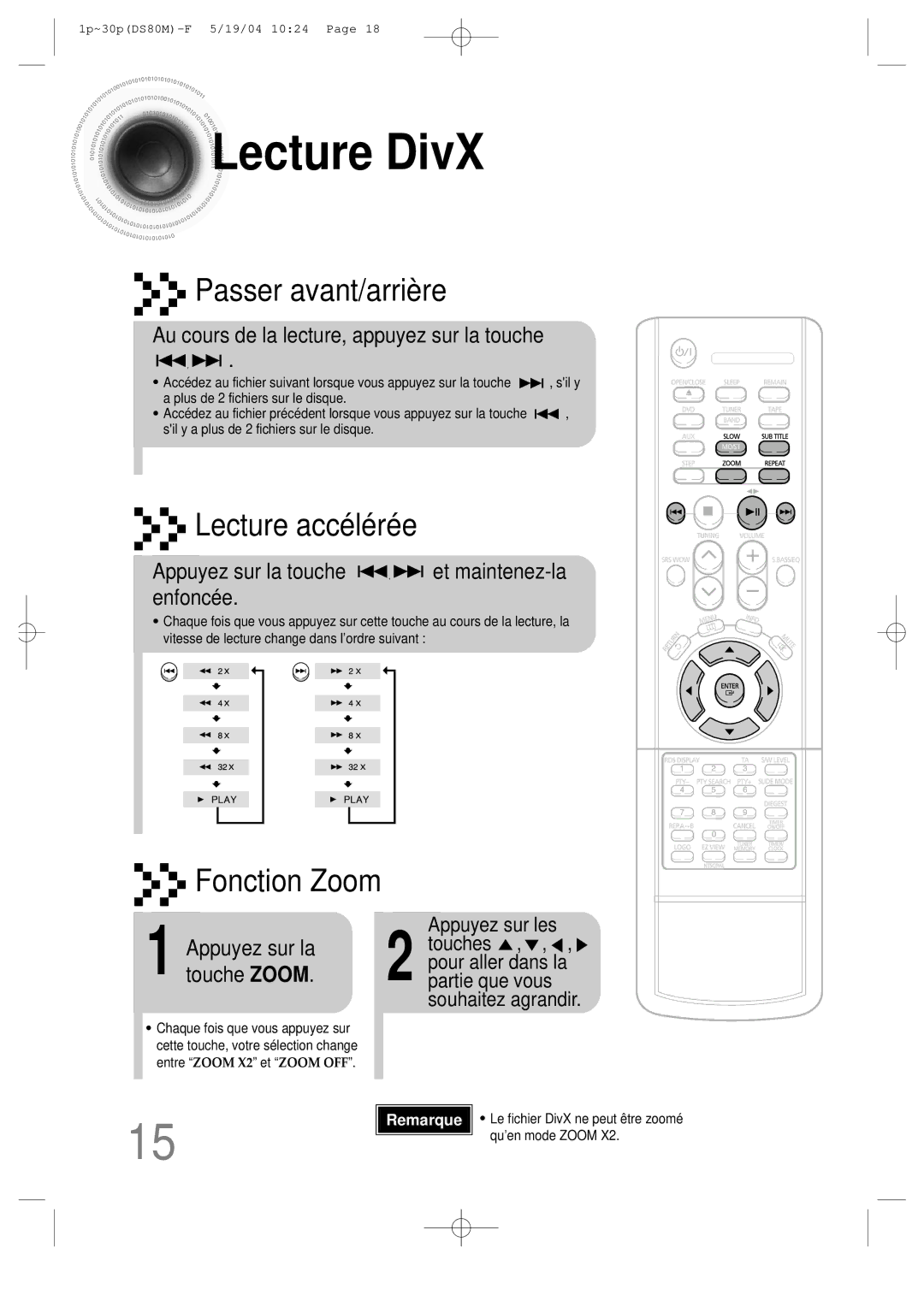 Samsung MMDS80MRH/ELS manual Lecture DivX, Au cours de la lecture, appuyez sur la touche 