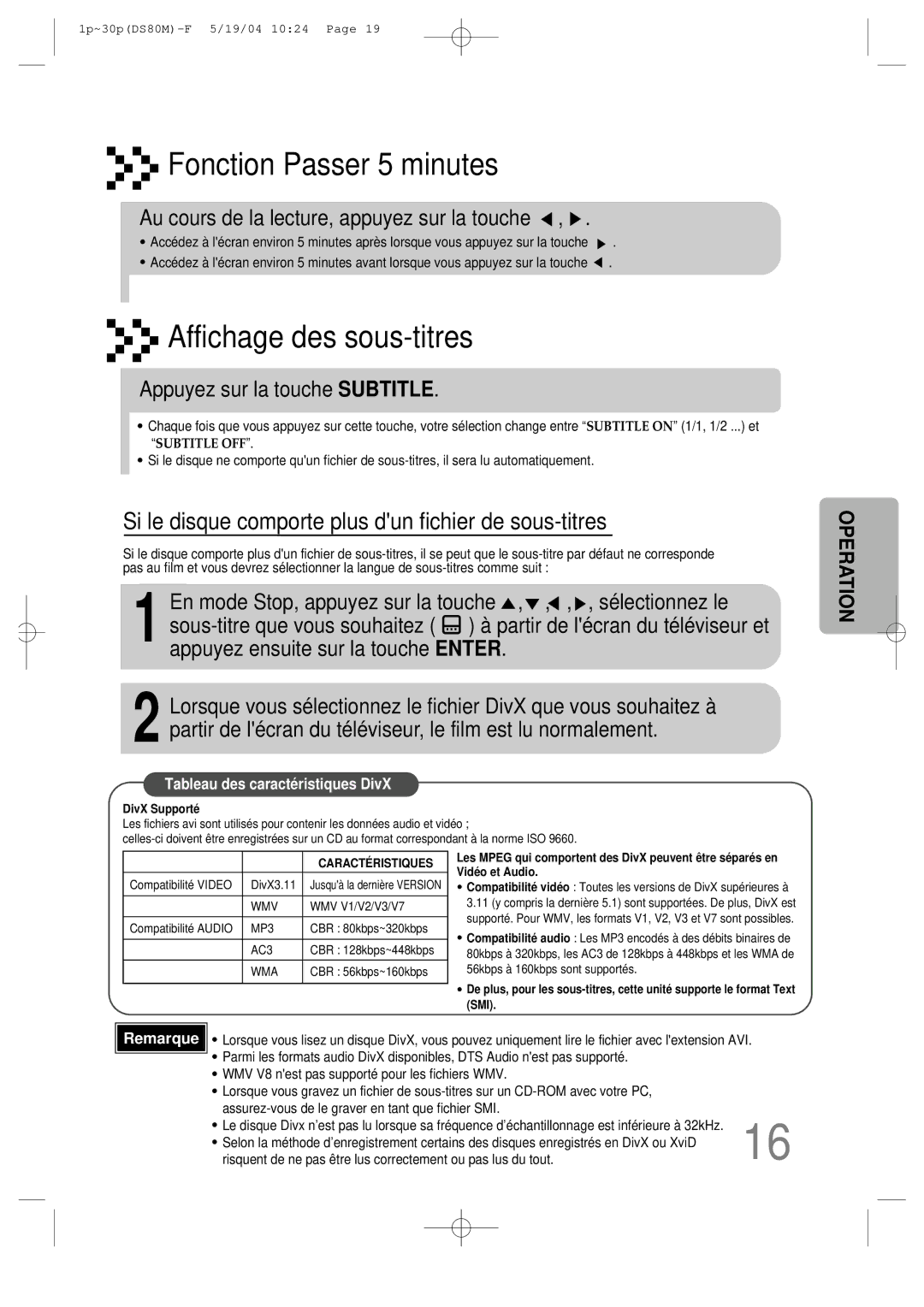 Samsung MMDS80MRH/ELS manual Fonction Passer 5 minutes, Appuyez sur la touche Subtitle 