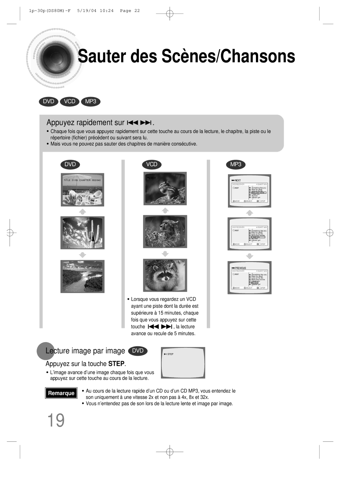 Samsung MMDS80MRH/ELS manual Sauter des Scènes/Chansons, Appuyez rapidement sur, Lecture image par image DVD 