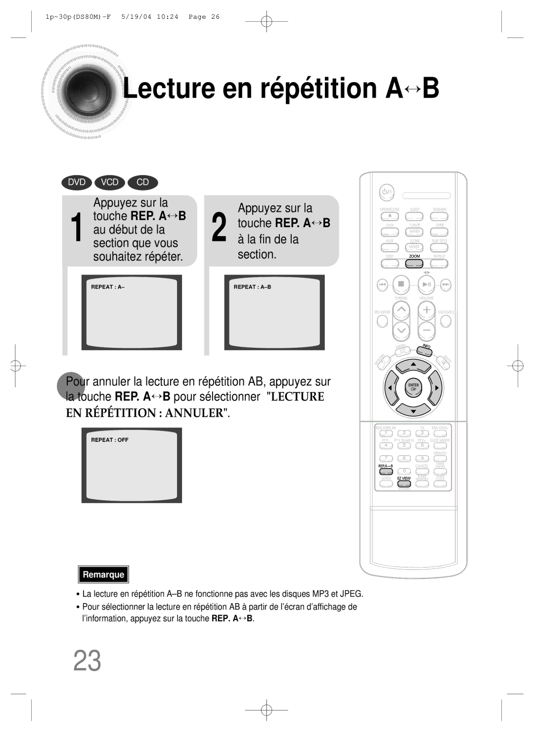 Samsung MMDS80MRH/ELS manual Lecture en ré pé tition A↔ B, Appuyez sur la 