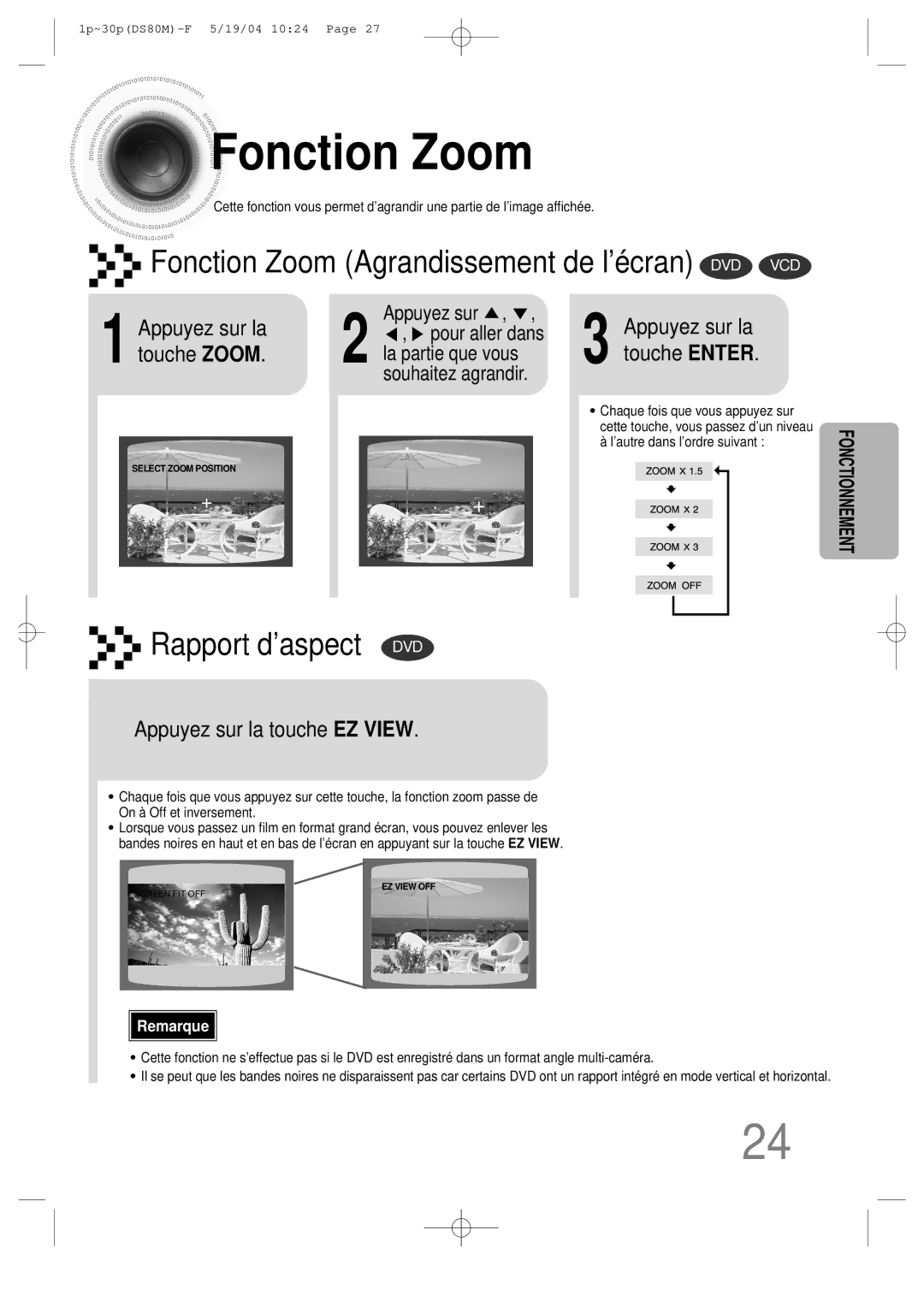 Samsung MMDS80MRH/ELS manual Fonction Zoom, Appuyez sur la touche EZ View 