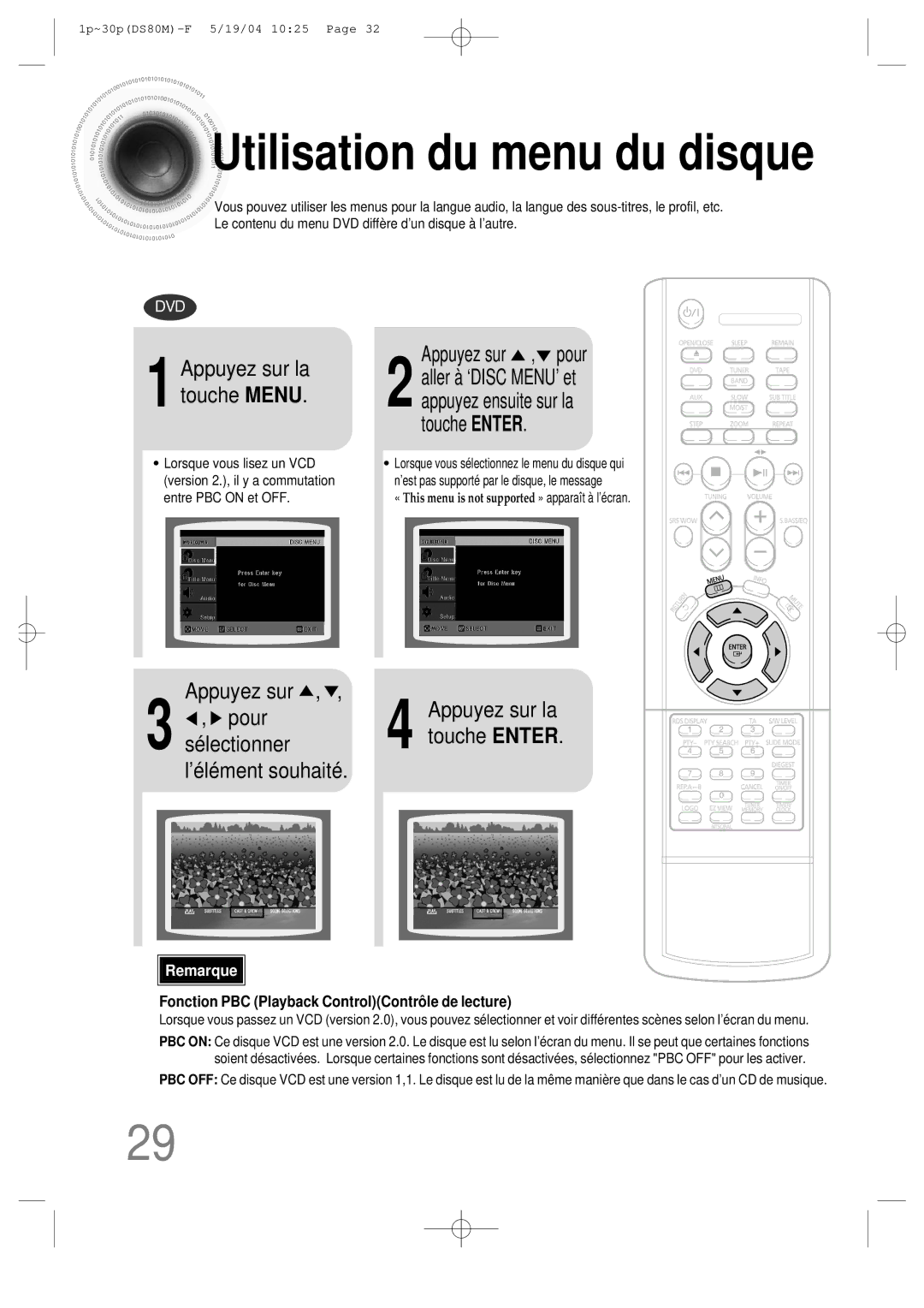 Samsung MMDS80MRH/ELS manual Utilisation du menu du disque, Appuyez sur , pour, Touche Enter, ’élément souhaité 