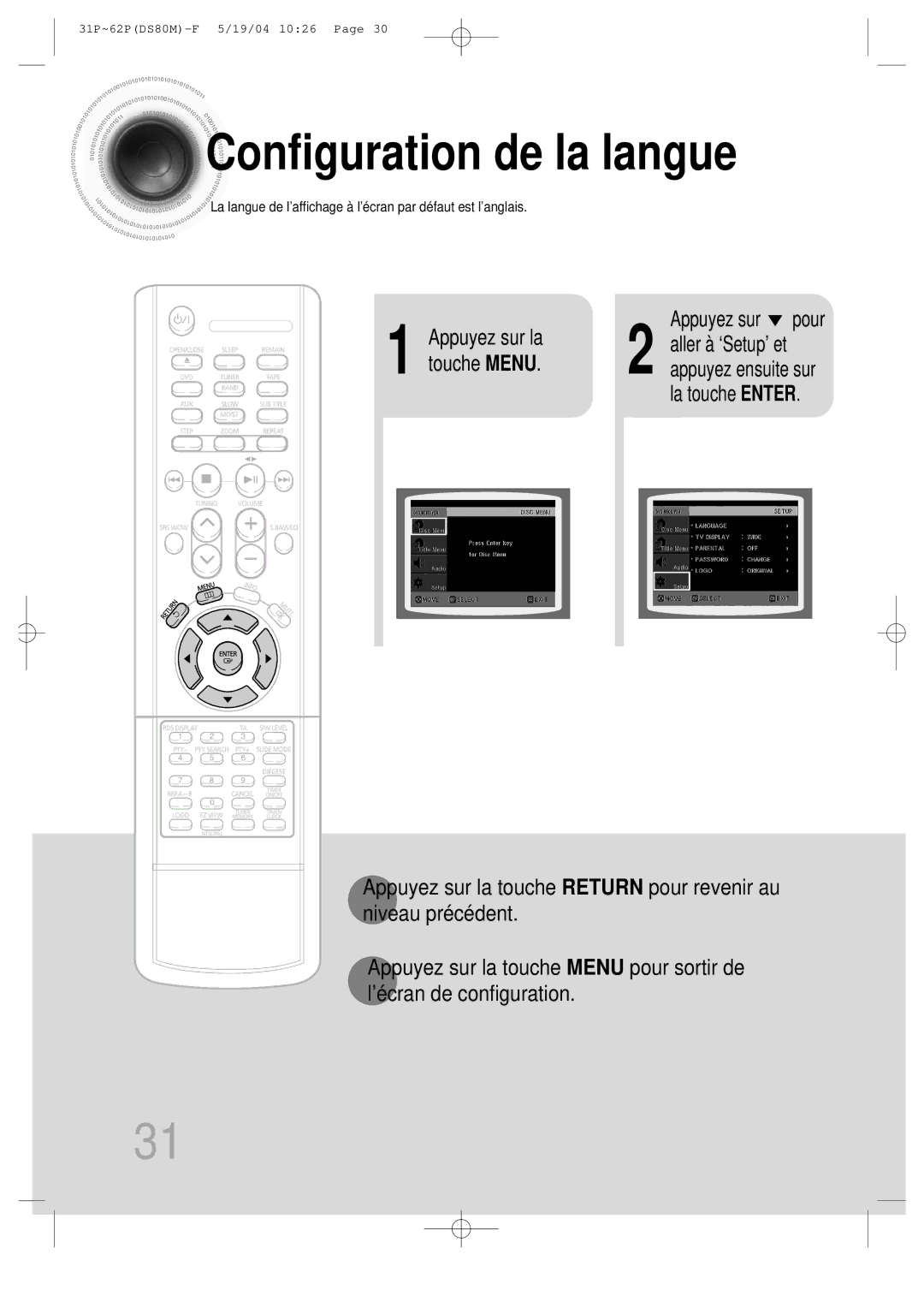 Samsung MMDS80MRH/ELS manual Configuration de la langue, Appuyez sur pour 