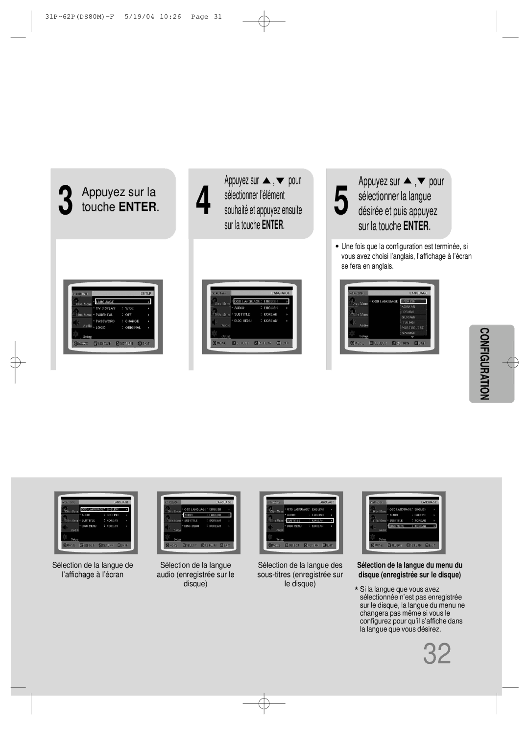 Samsung MMDS80MRH/ELS manual Appuyez sur la touche Enter 