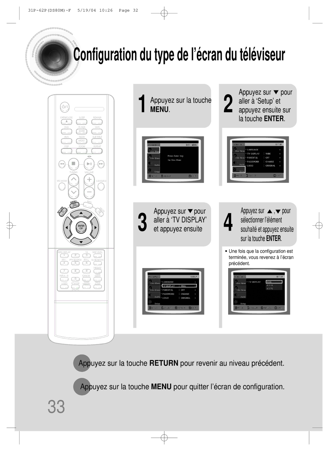 Samsung MMDS80MRH/ELS manual Menu, La touche Enter Appuyez sur pour 