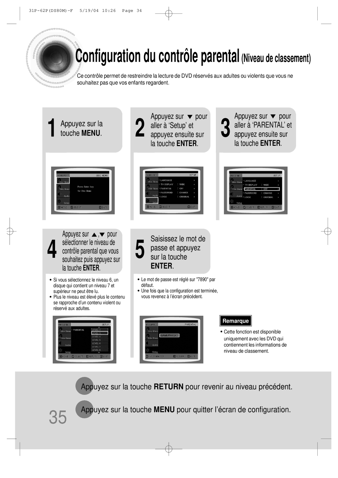 Samsung MMDS80MRH/ELS manual Configuration du contrôle parental Niveau de classement, Saisissez le mot de 