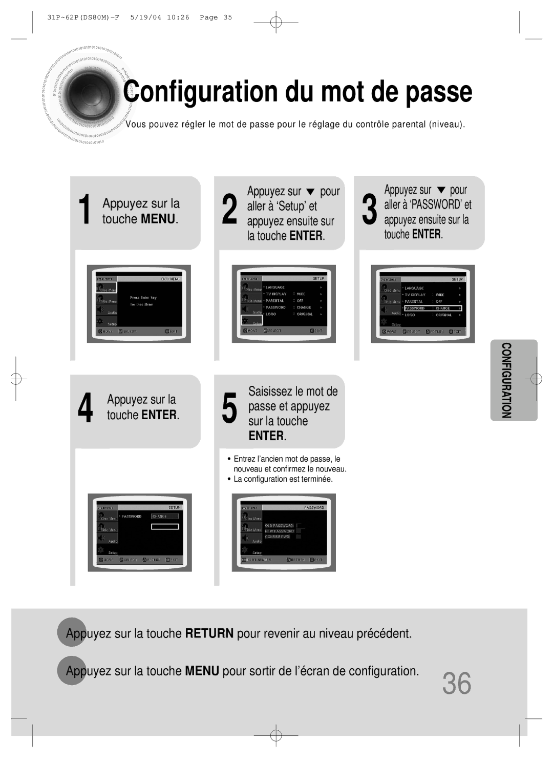 Samsung MMDS80MRH/ELS manual Configuration du mot de passe, Aller à ‘Setup’ et, La touche Enter 