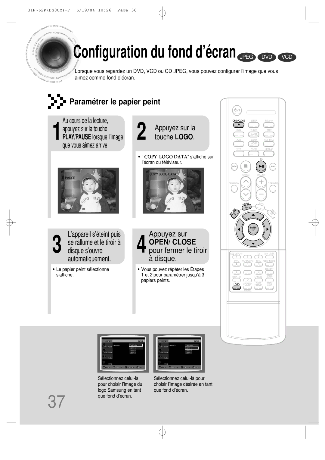 Samsung MMDS80MRH/ELS manual Configuration du fond d’écran Jpeg DVD VCD, Disque 