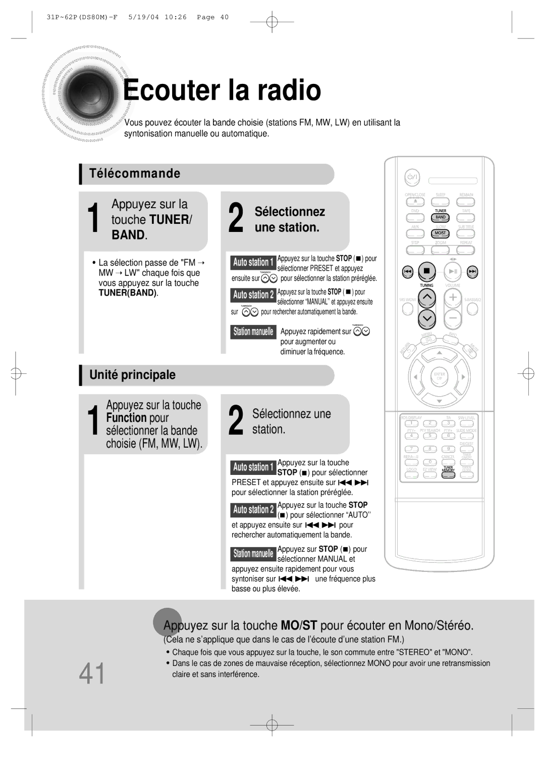 Samsung MMDS80MRH/ELS manual Ecouter la radio, Télécommande, Unité principale 