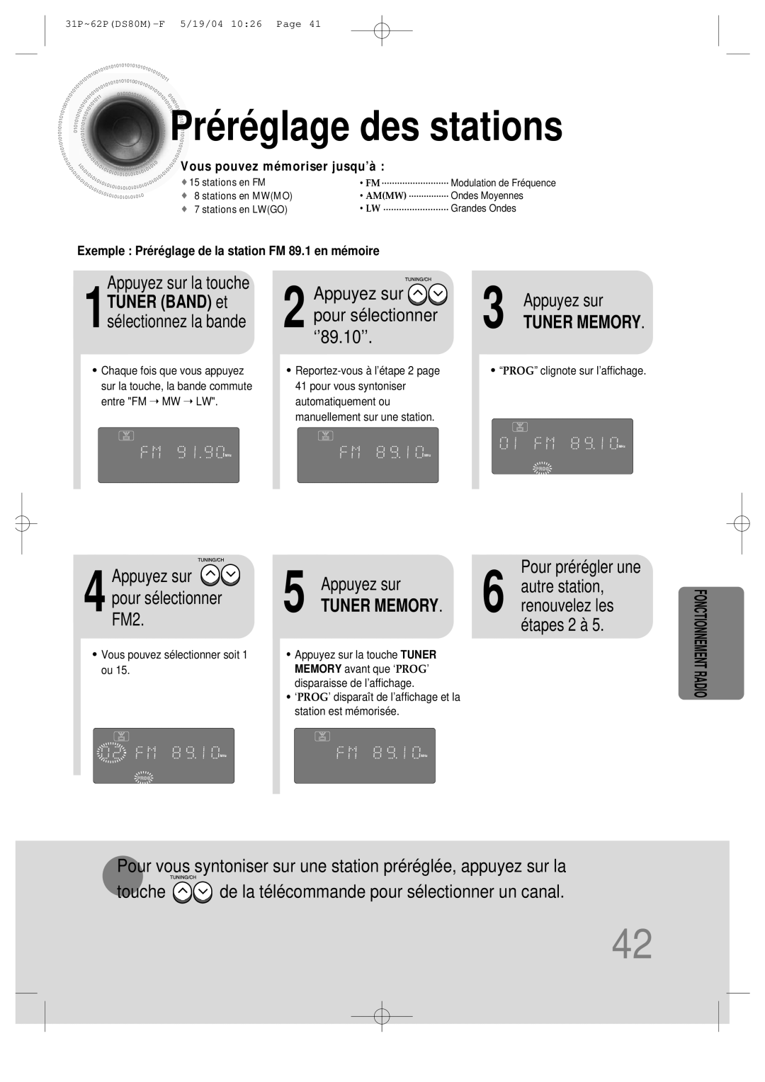 Samsung MMDS80MRH/ELS manual Préréglage des stations, Appuyez sur, Pour sélectionner, FM2, Pour prérégler une 