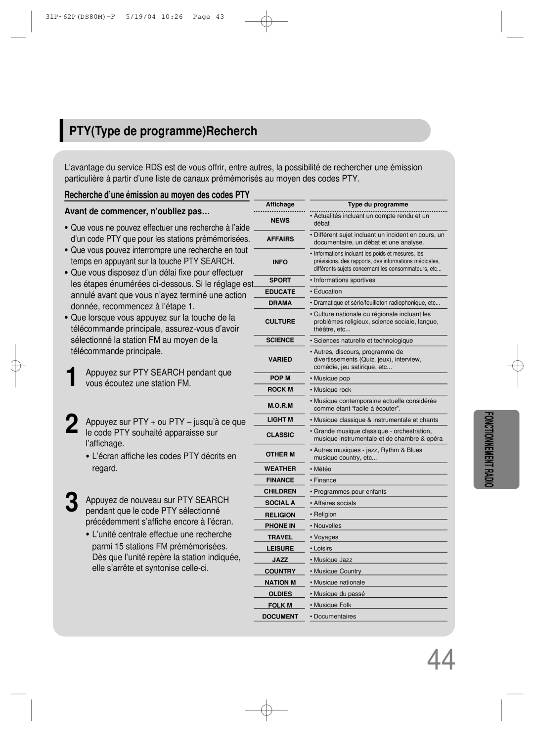 Samsung MMDS80MRH/ELS manual PTYType de programmeRecherch, Avant de commencer, n’oubliez pas… 