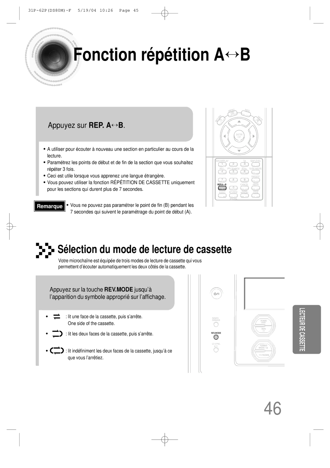 Samsung MMDS80MRH/ELS manual Fonction répétition A↔ B, Appuyez sur REP. A↔ B 