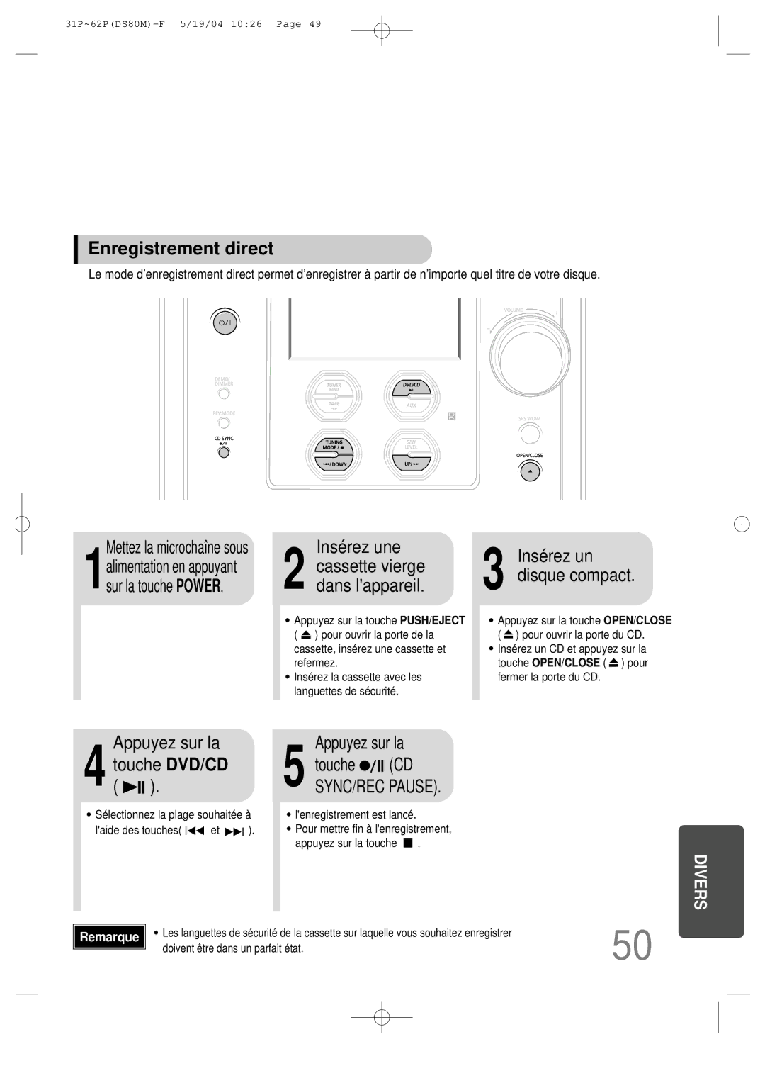 Samsung MMDS80MRH/ELS manual Enregistrement direct, Touche DVD/CD 