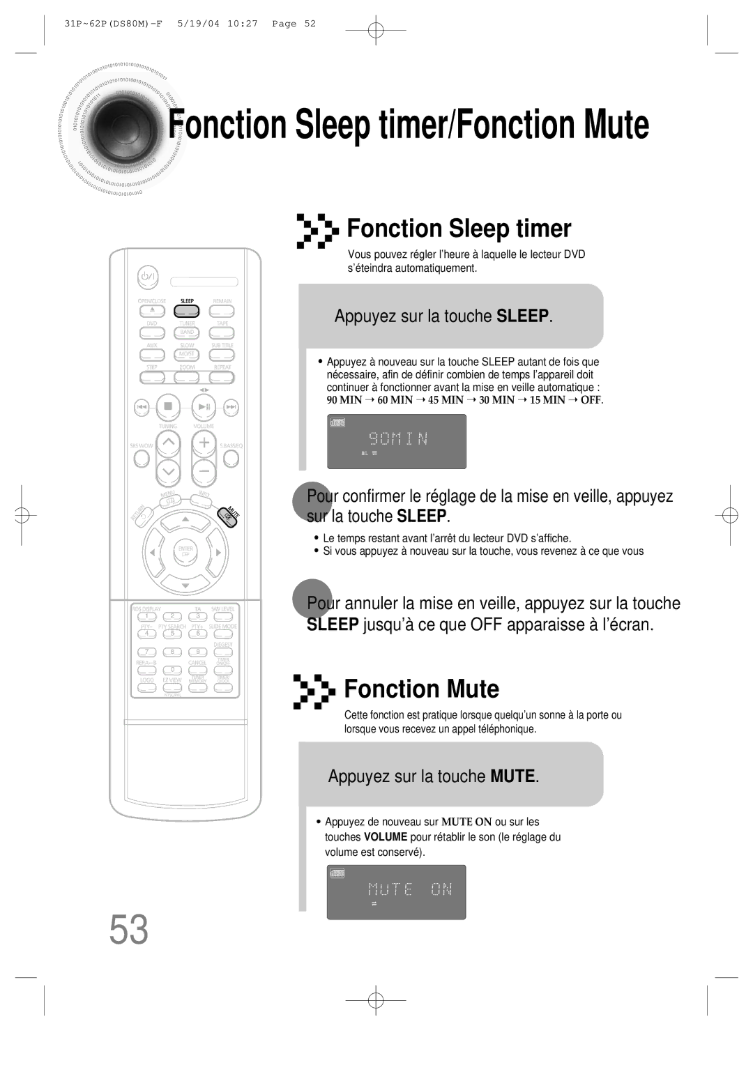 Samsung MMDS80MRH/ELS manual Appuyez sur la touche Sleep, Appuyez sur la touche Mute 