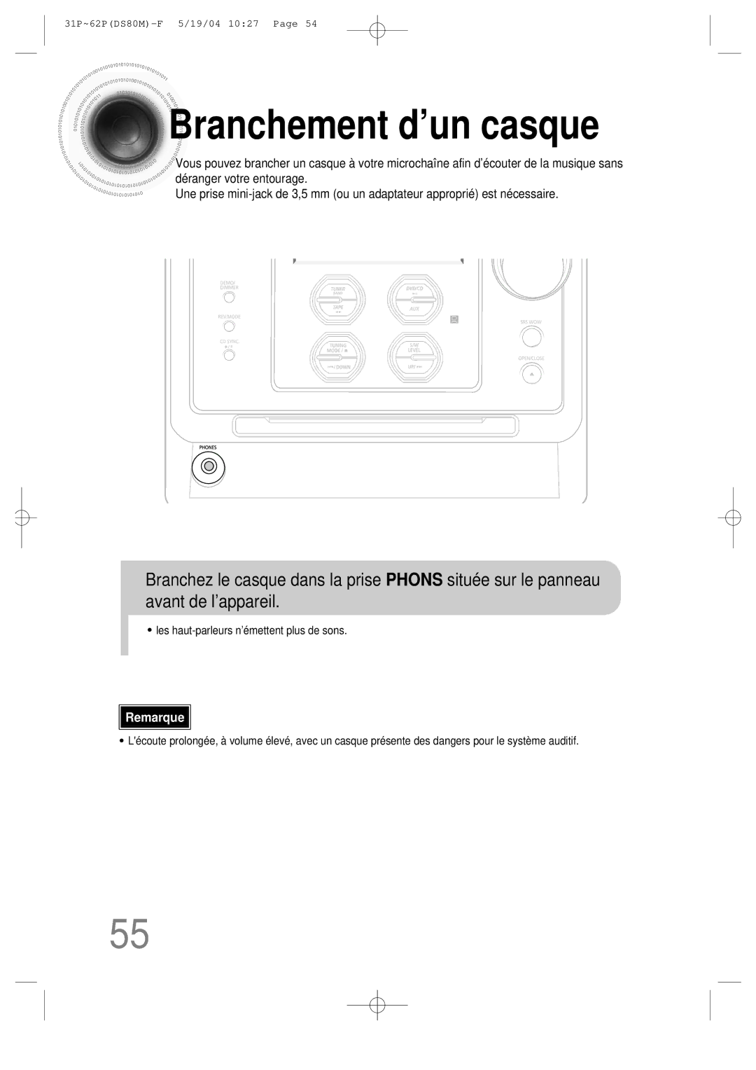 Samsung MMDS80MRH/ELS manual Branchement d’un casque 