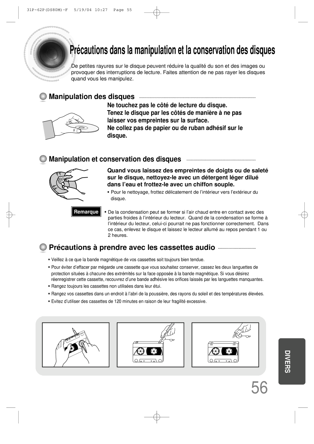 Samsung MMDS80MRH/ELS manual Manipulation des disques, Manipulation et conservation des disques 