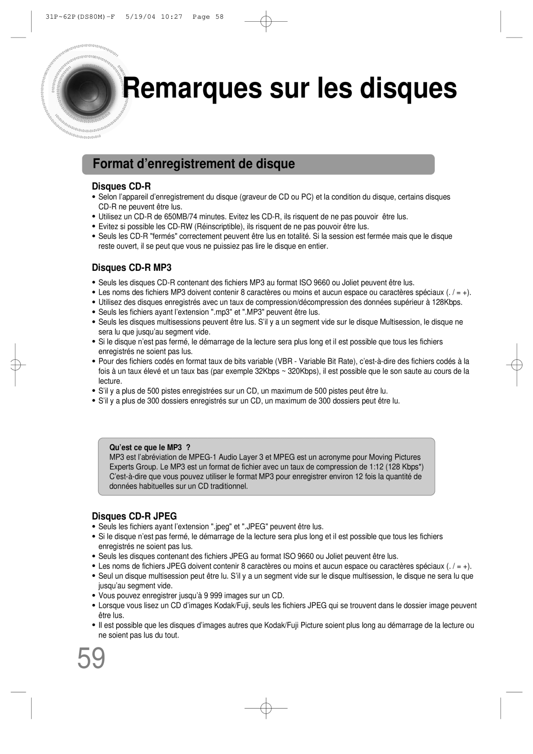 Samsung MMDS80MRH/ELS manual Remarques sur les disques, Format d’enregistrement de disque 