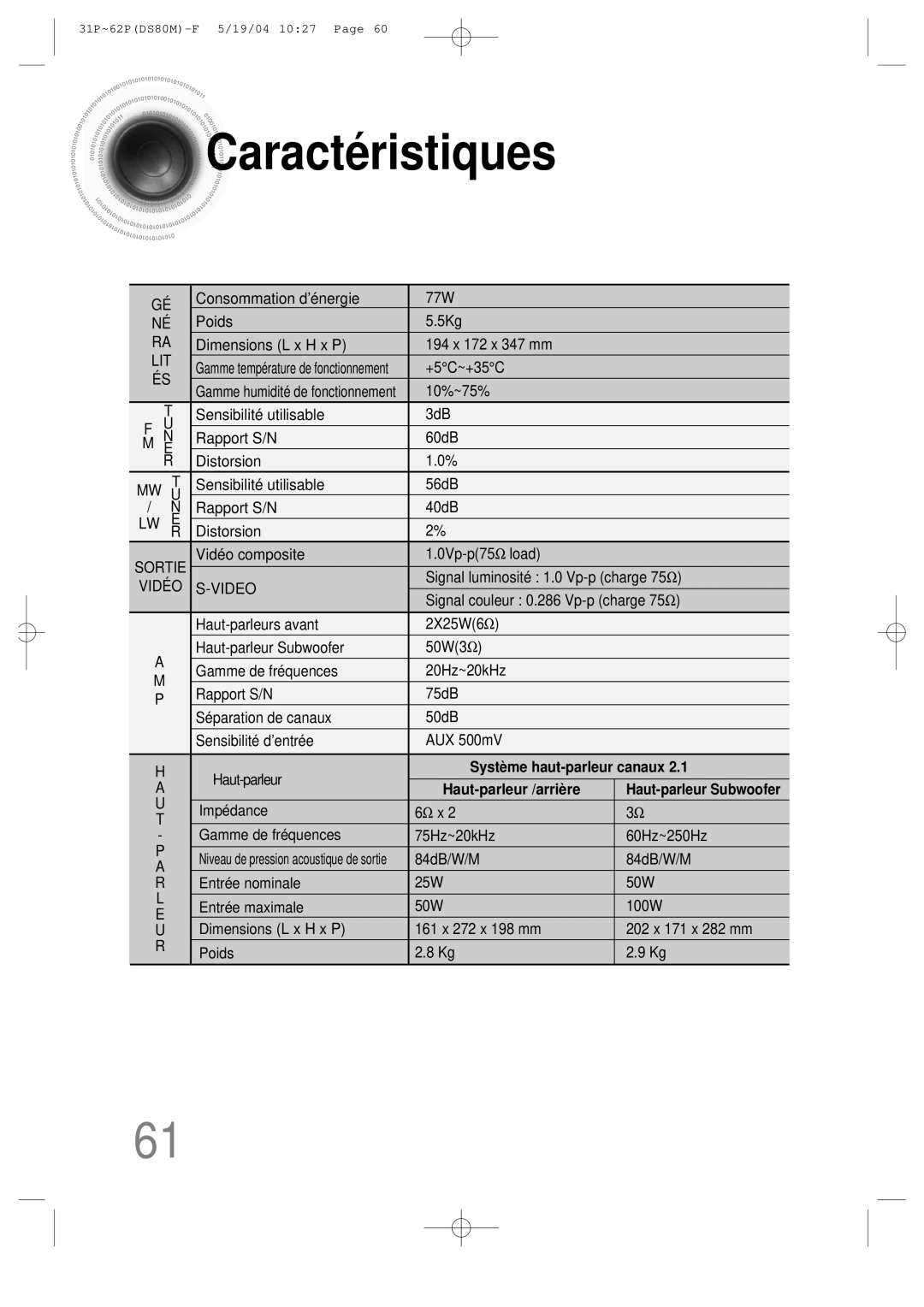 Samsung MMDS80MRH/ELS manual Caracté ristiques, Lit 