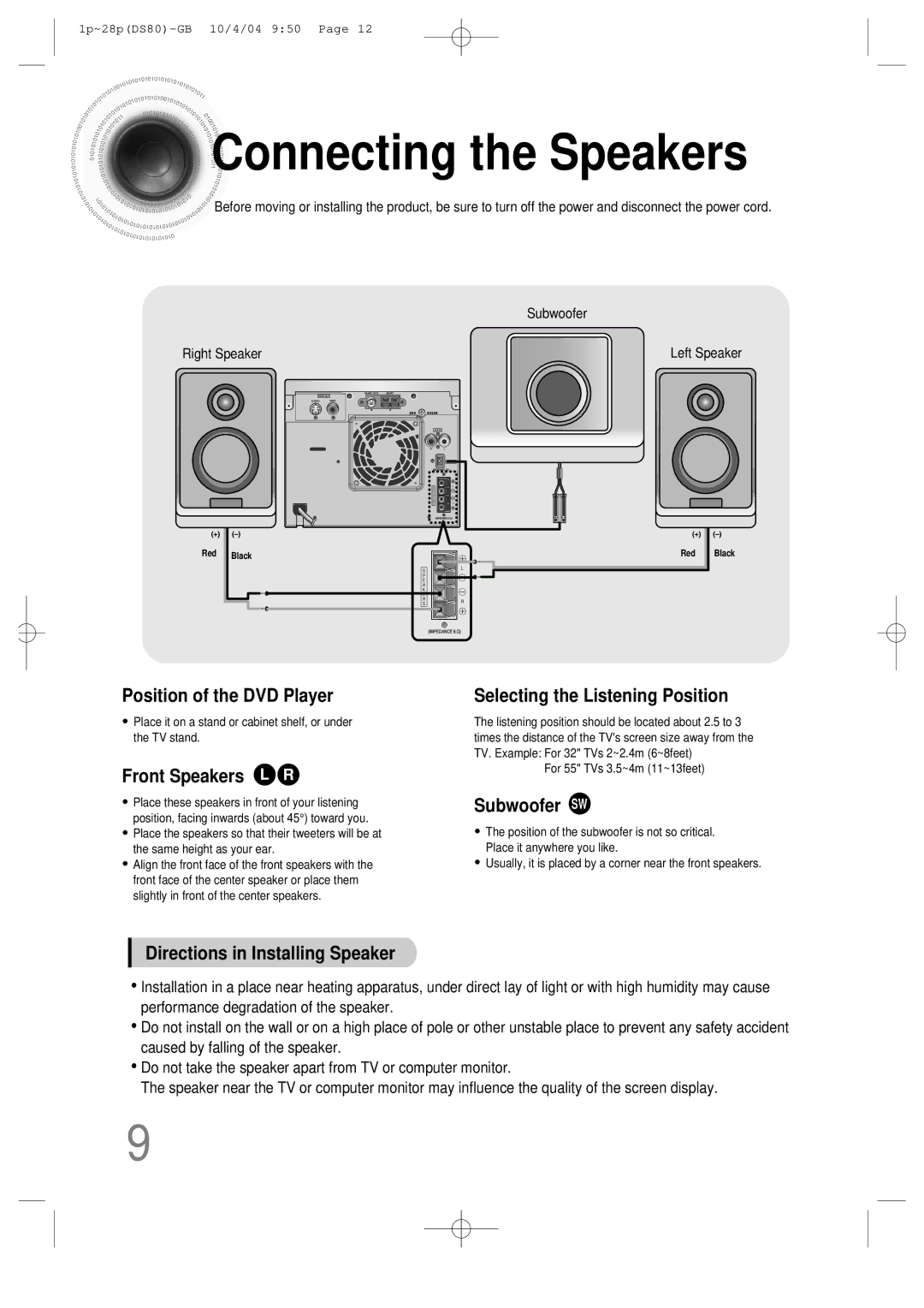 Samsung MMDS80RH/ELS manual Connecting the Speakers, Front Speakers L R 