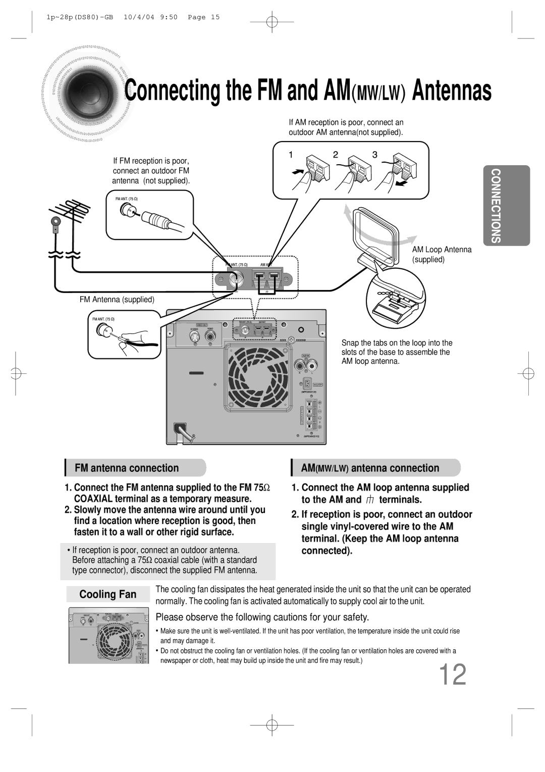 Samsung MMDS80RH/ELS manual Connecting the FM and AMMW/LW Antennas 