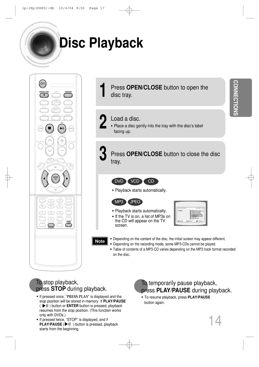 Samsung MMDS80RH/ELS manual Disc Playback, Press OPEN/CLOSE button to open the disc tray Load a disc 