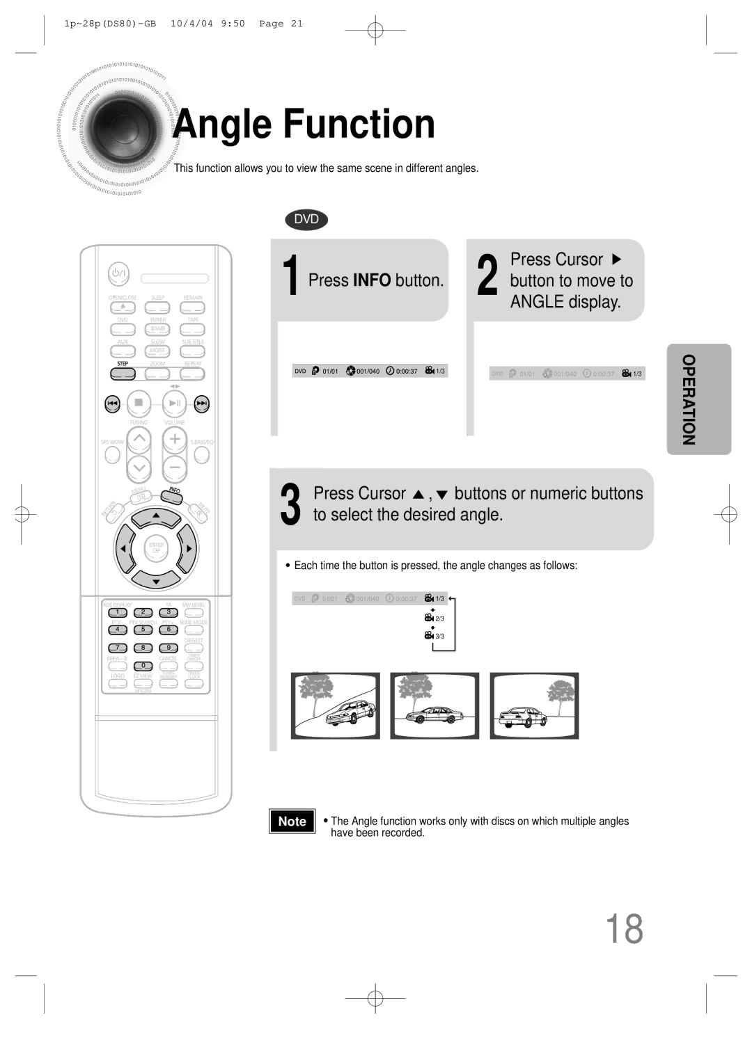 Samsung MMDS80RH/ELS manual Angle Function, Press Cursor 