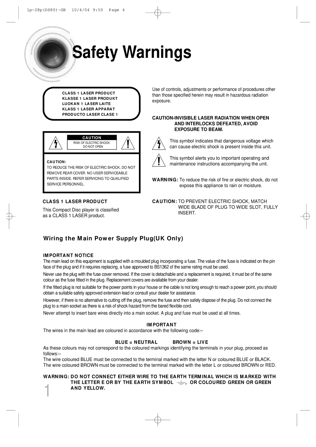 Samsung MMDS80RH/ELS manual Safety Warnings, Class 1 Laser Product 