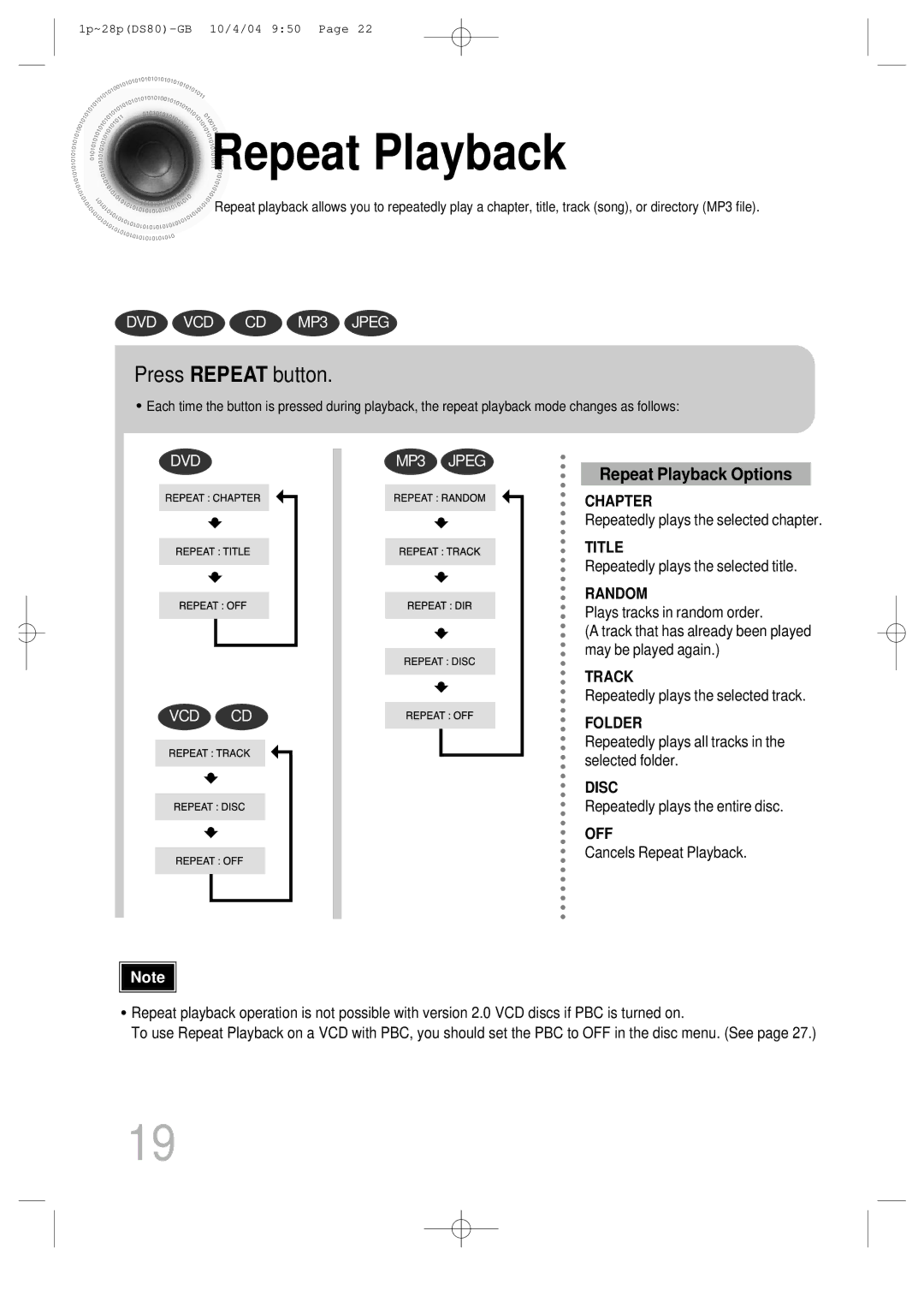 Samsung MMDS80RH/ELS manual Repeat Playback, Press Repeat button 