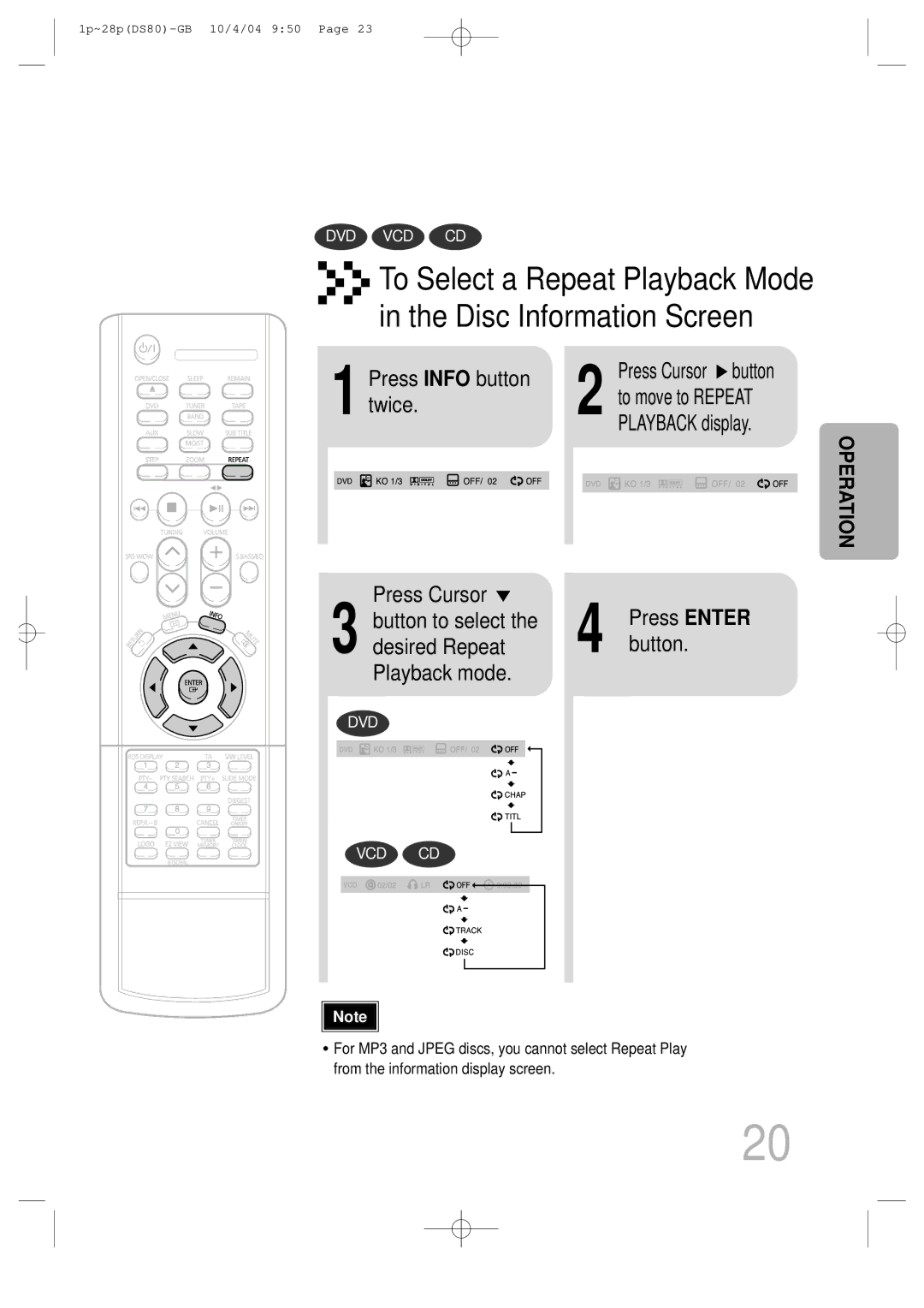 Samsung MMDS80RH/ELS manual Press Info button twice Press Cursor button, Desired Repeat Button Playback mode 