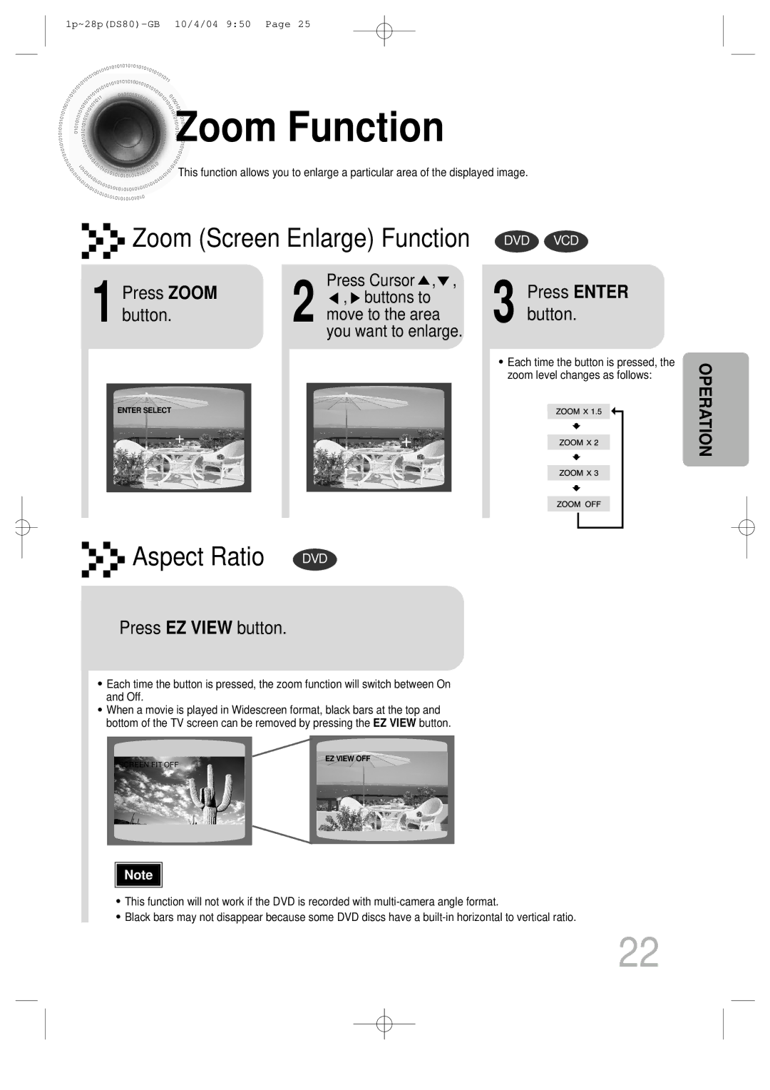 Samsung MMDS80RH/ELS manual Zoom Function, Press Zoom, Press EZ View button 